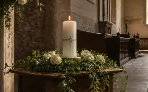 A lit white candle and white roses on a rustic table, creating a romantic wedding atmosphere