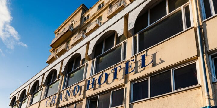 Exterior of the Grand Hotel in Llandudno at golden hour
